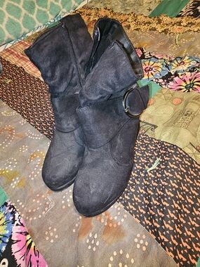 Women’s Black Suede Mid-Calf Boots with Buckle